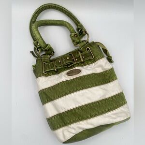 John Romaine green and white striped handbag